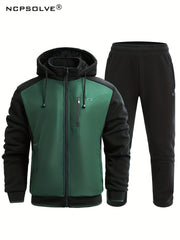 Men's Green Zip Up Hooded Jacket & Stretch Pants Sports Suit