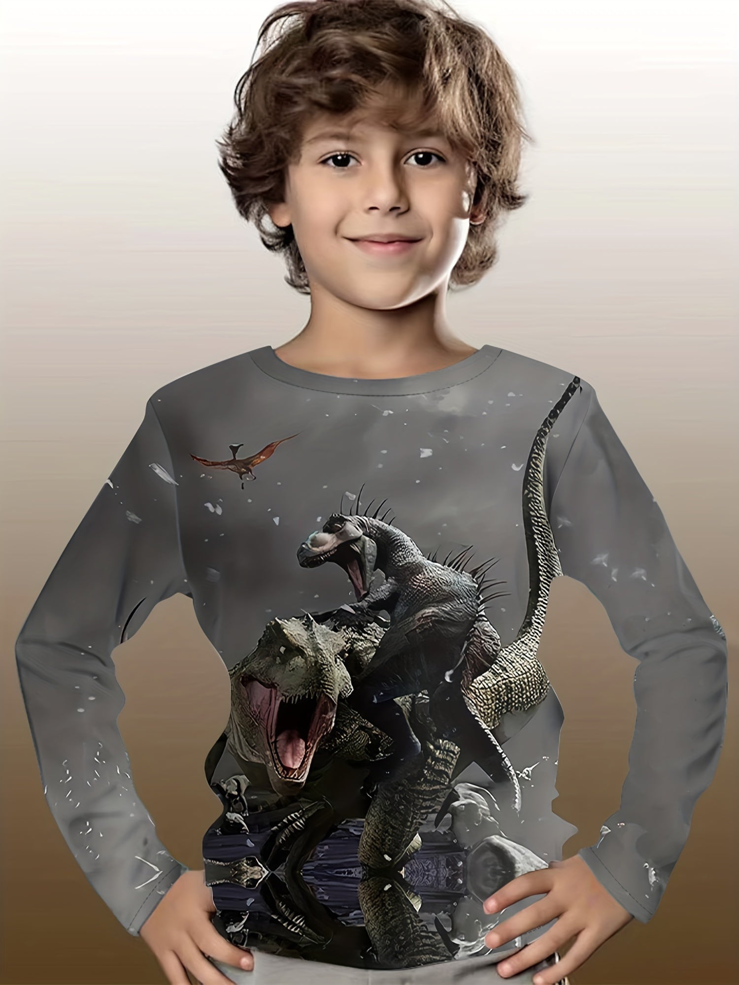 3D Dinosaur Print Kid's Pullover Long Sleeve Top for Boys
