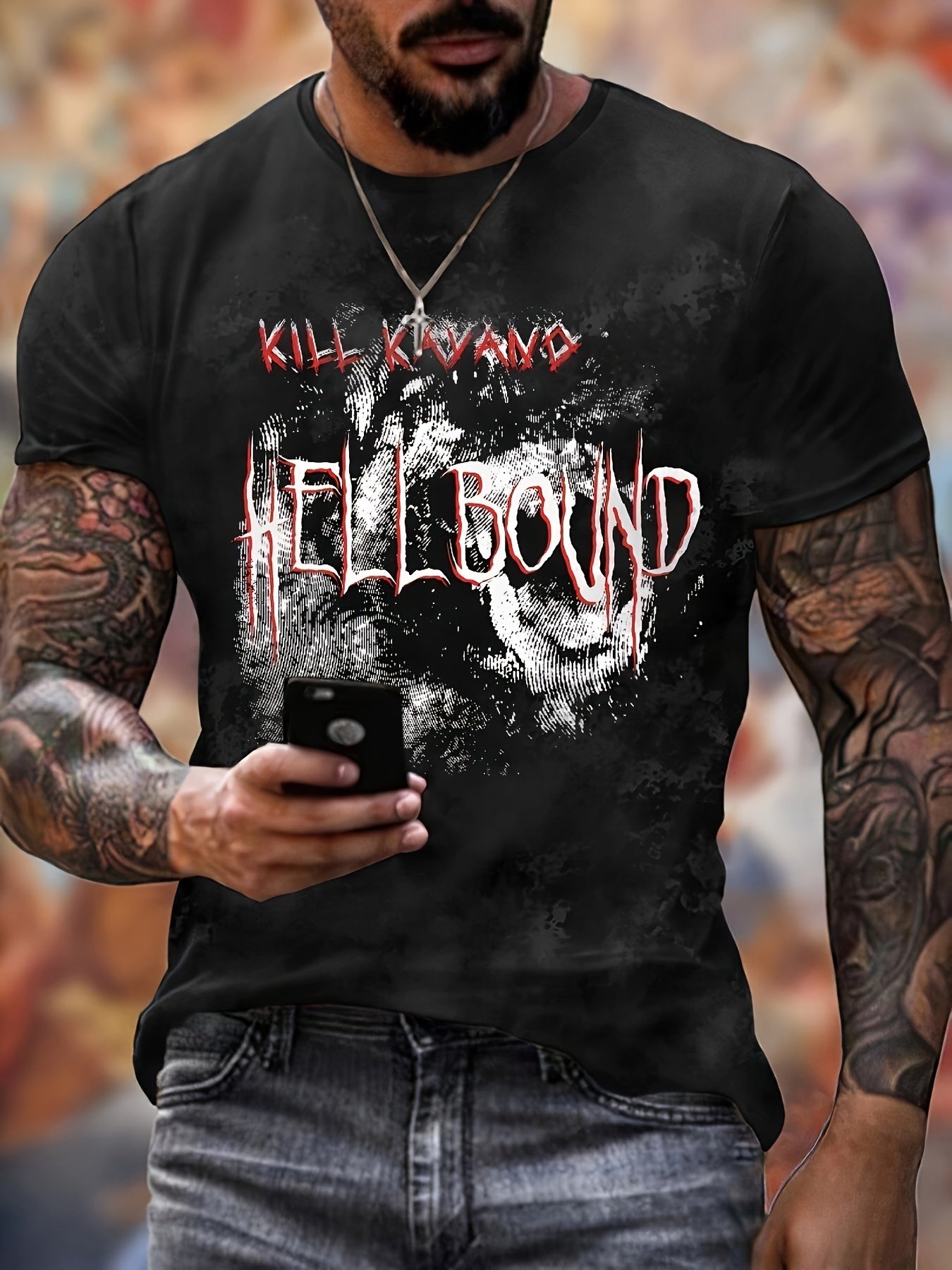 ''HELL BOUND'' Pattern Print Men's Short Sleeve Comfy T shirt Graphic Tee
