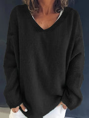 Solid V Neck Sweater Long Sleeve Loose Fit Pullover