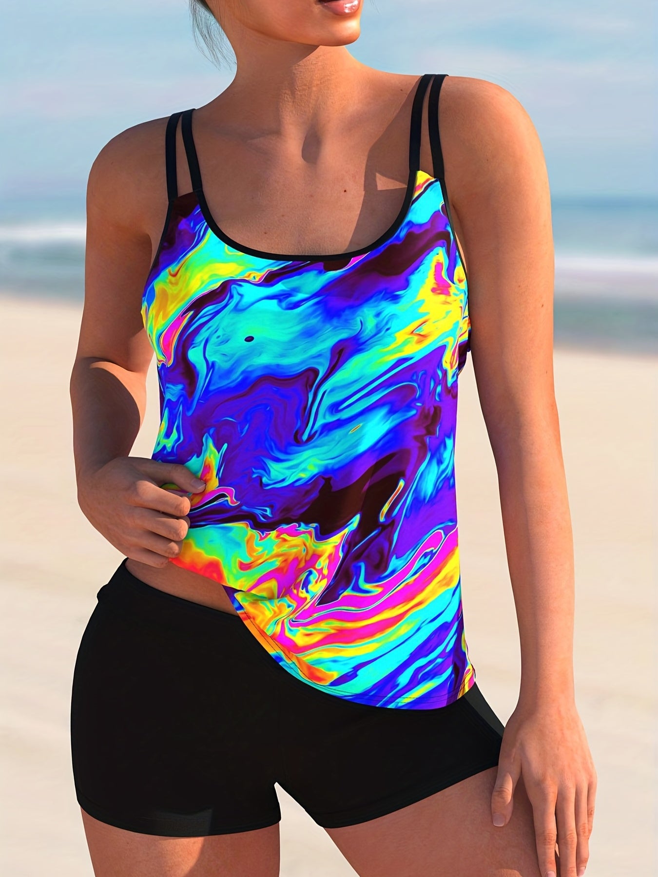 Tie Dye Tankini Set Round Neck Cami Top & Shorts Swimsuit Two Piece