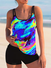 Tie Dye Tankini Set Round Neck Cami Top & Shorts Swimsuit Two Piece