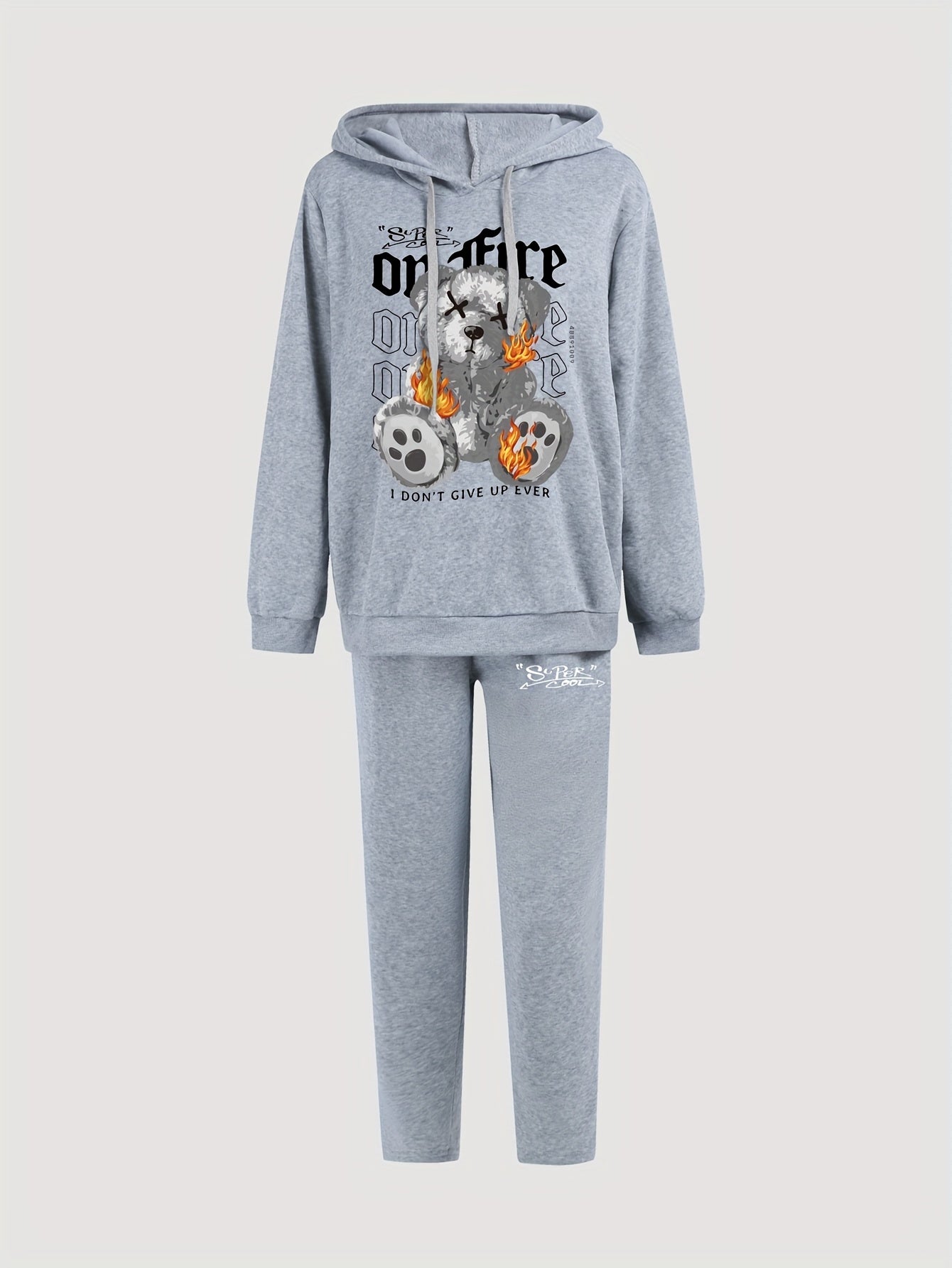 Flame Bear & Slogan Print Hoodie & Sweatpants Set