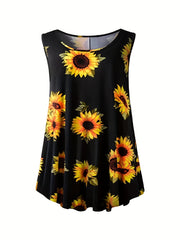 Sunflower Print Round Neck Tank Top