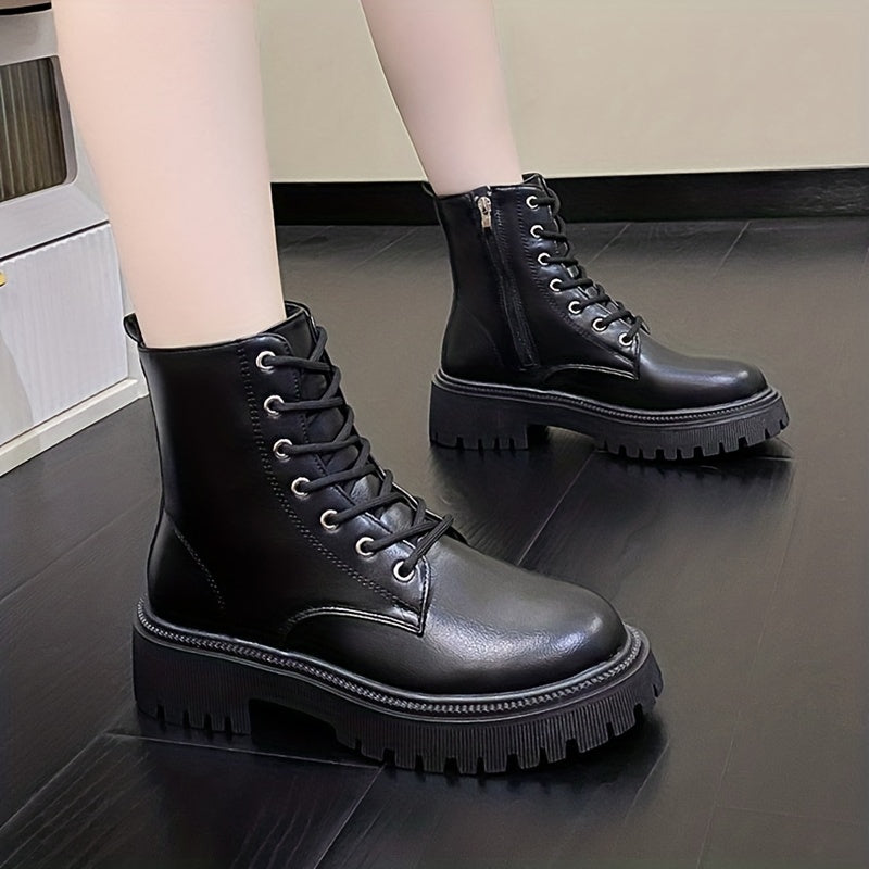 Women's Solid Lace Up Round Toe Zipper Platform Boots