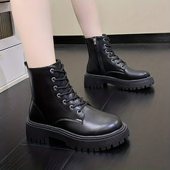 Women's Solid Lace Up Round Toe Zipper Platform Boots