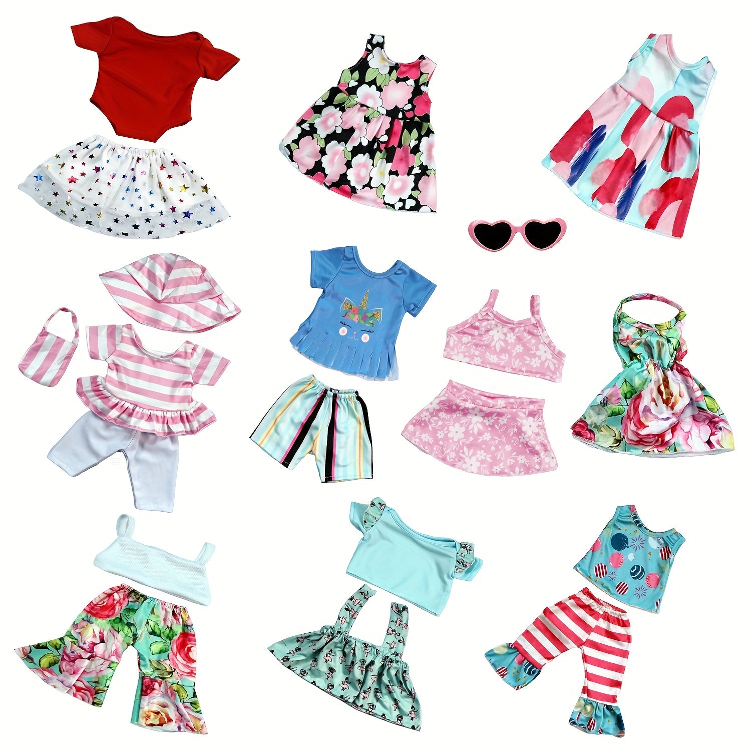 18 Inch Doll Clothes and Accessories Set - 10 Outfits and Glasses