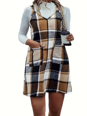 Plaid Print V Neck Cami Overall Dress With Pockets