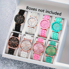 8pcs Silicone Strap Quartz Watch Set Unisex Multiple Colors Non Rechargeable