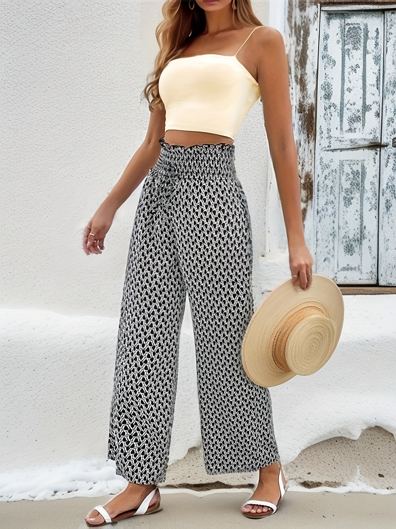 Wide Leg Pants Casual Shirred Waist Pants For Spring & Summer