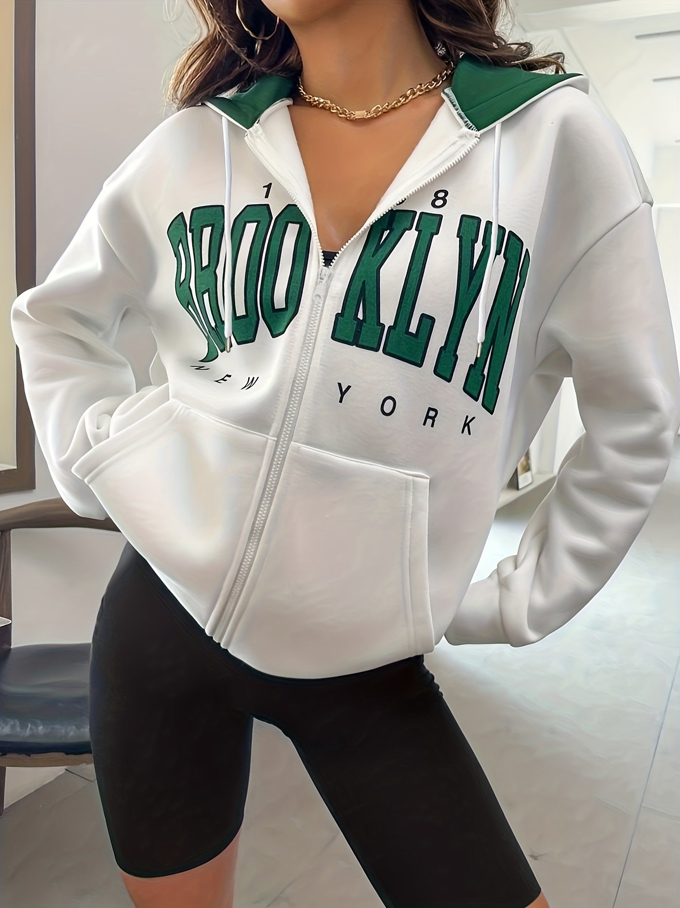 Letter Print Zip Up Hoodie Casual Long Sleeve Hoodies Sweatshirt Women