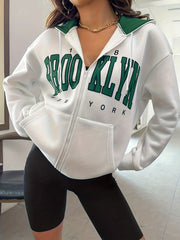 Letter Print Zip Up Hoodie Casual Long Sleeve Hoodies Sweatshirt Women