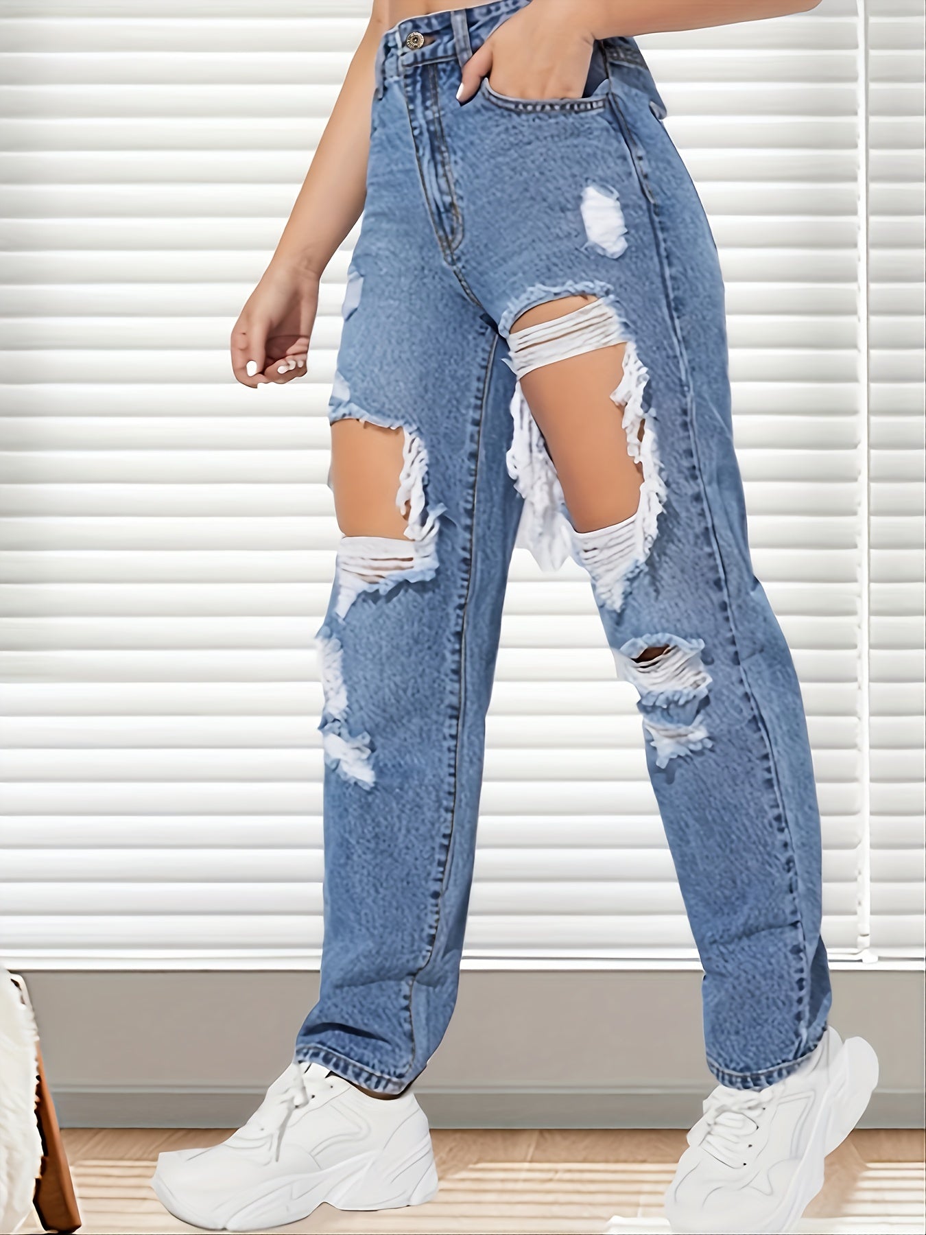 High Rise Distressed Jeans Women's Clothing