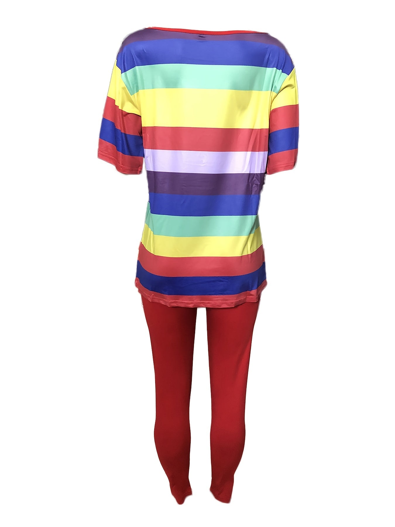Women's Rainbow Striped Short Sleeve T-shirt & Solid Pants Set
