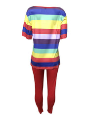 Women's Rainbow Striped Short Sleeve T-shirt & Solid Pants Set