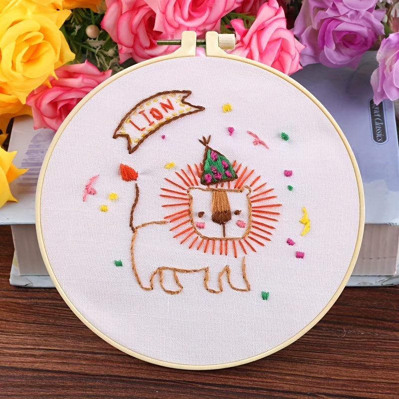 Lion Cross Stitch Kit with Hoop, Threads, Needle