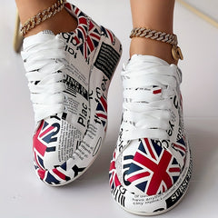 Women's Letter & Flag Print Sneakers Low Lace Up Flatform Shoes