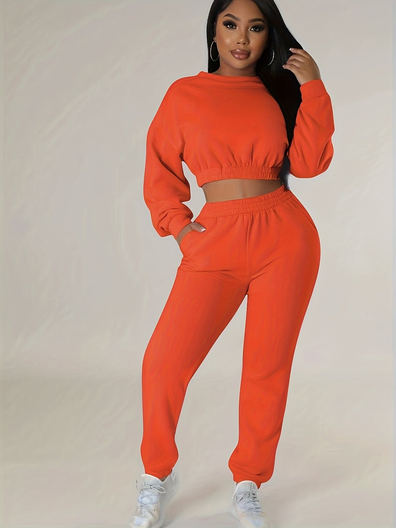 Casual Two Piece Set Crew Neck Long Sleeve Tops & Jogger Pants Outfit
