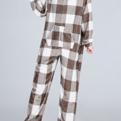 Plaid Print Fleece Hooded Jumpsuit