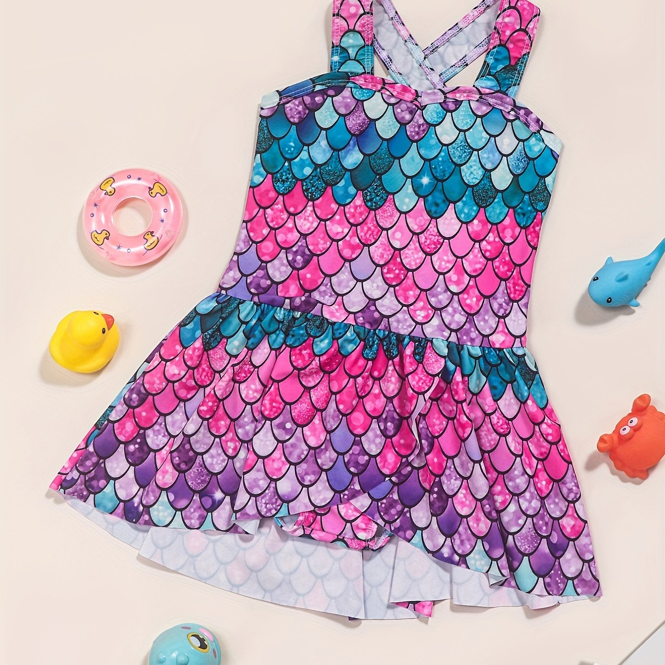 Girls One Piece Swimsuit Fish Scale Print Cross Strap Dress