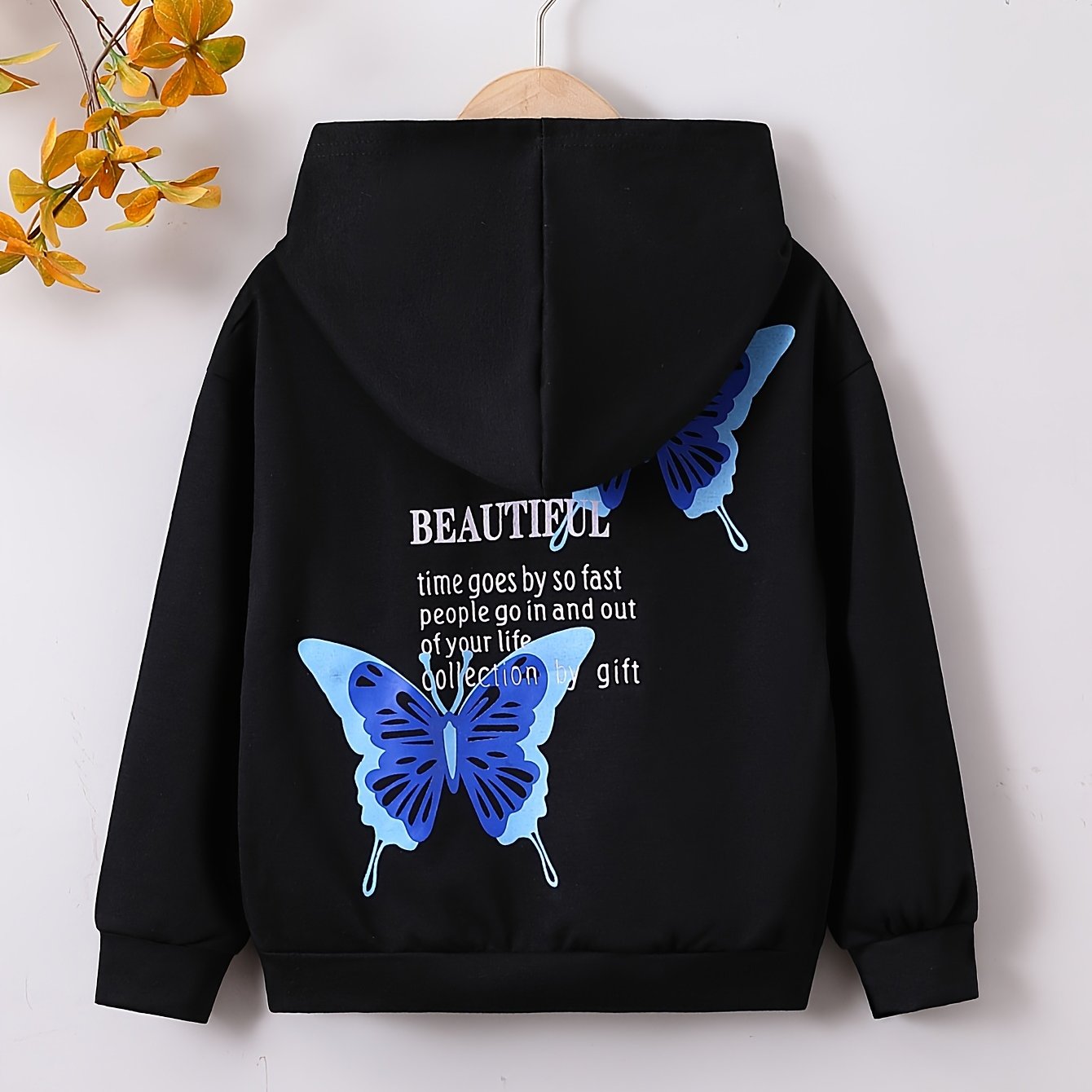 Girls' Butterfly & Slogan Hooded Sweatshirt Long Sleeve Pullover Hoodie