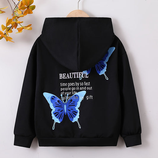 Girls' Butterfly & Slogan Hooded Sweatshirt Long Sleeve Pullover Hoodie