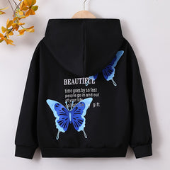 Girls' Butterfly & Slogan Hooded Sweatshirt Long Sleeve Pullover Hoodie
