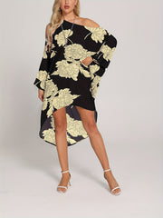 Floral Print Cover Up Dress One Shoulder Asymmetrical Beachwear Kaftan