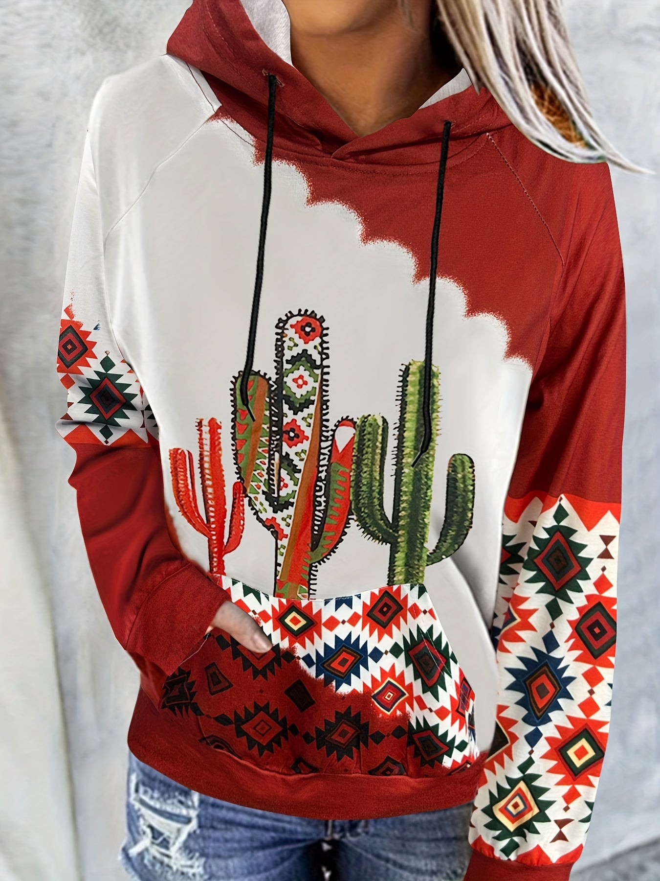 Cactus Print Drawstring Hoodie Casual Long Sleeve Sweatshirt