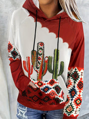 Cactus Print Drawstring Hoodie Casual Long Sleeve Sweatshirt