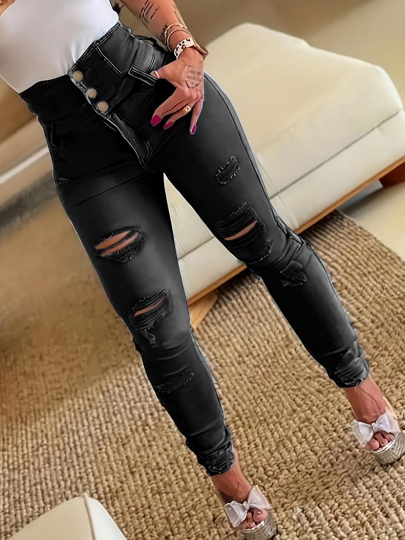 High Waist Skinny Jeans Distressed Ripped Holes Denim Pants