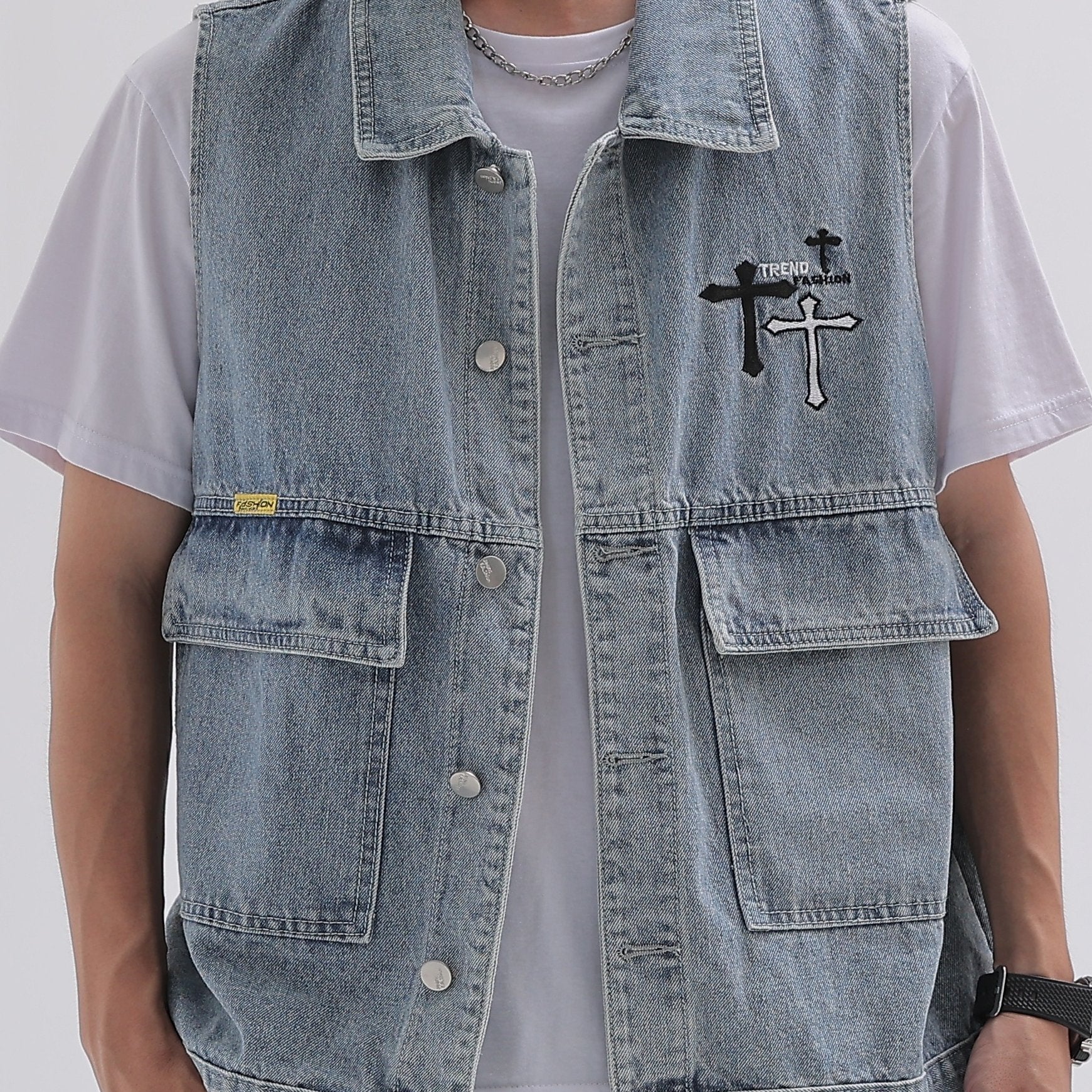 Men's Classic Crucifix Pattern Denim Vest Street Style Waistcoat Spring Summer