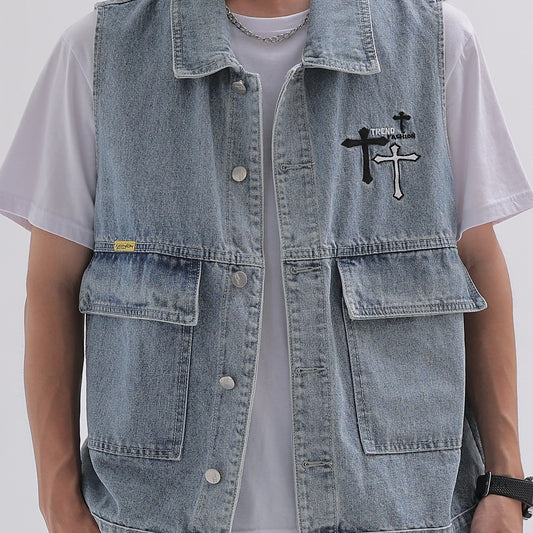 Men's Classic Crucifix Pattern Denim Vest Street Style Waistcoat Spring Summer