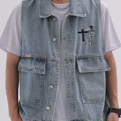 Men's Classic Crucifix Pattern Denim Vest Street Style Waistcoat Spring Summer