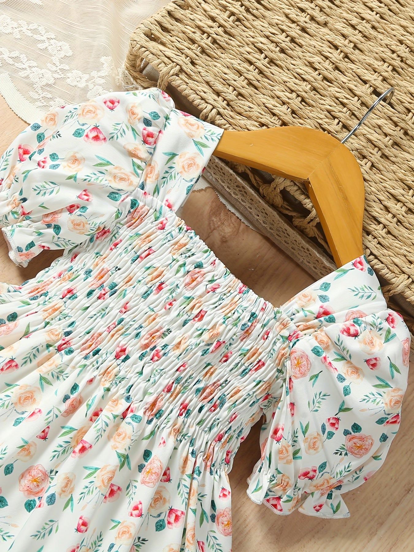Girls Ruffle Trim Shirred Puffy Floral Dress for Toddler Baby