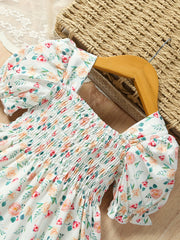 Girls Ruffle Trim Shirred Puffy Floral Dress for Toddler Baby