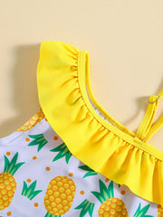 Girls One Shoulder Ruffled Top & Pineapple Graphic Shorts Swimsuit Set