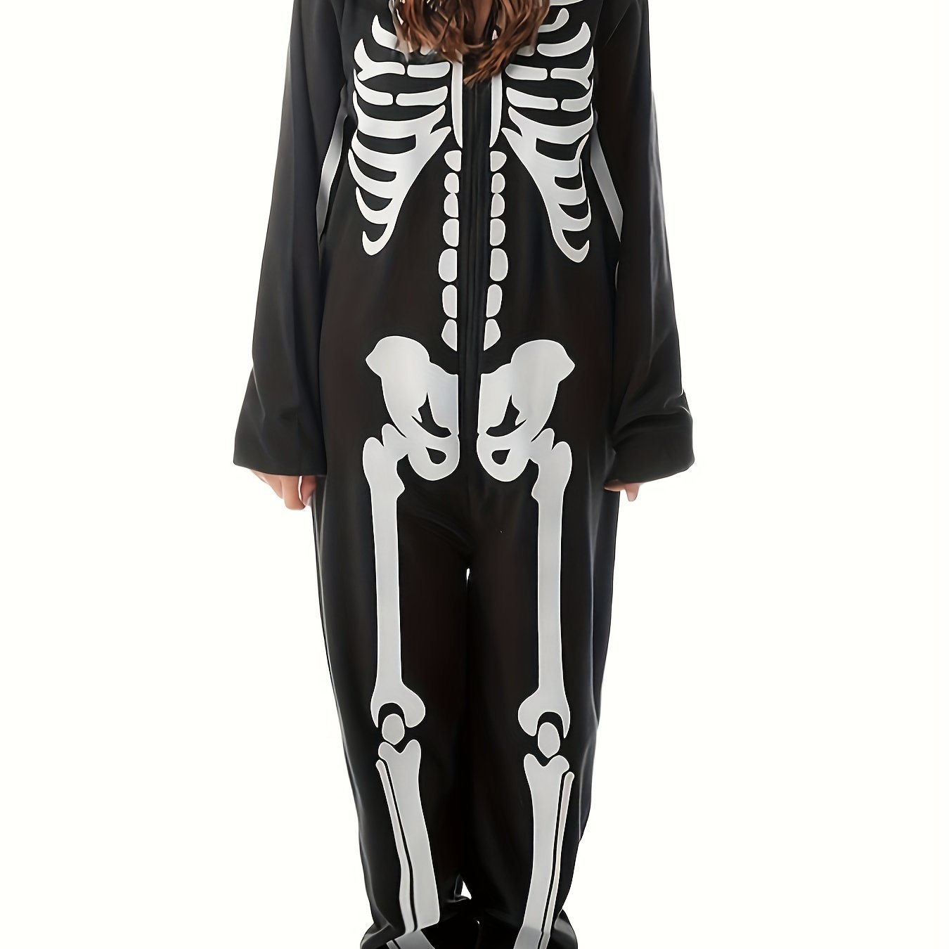 Gothic Skeleton Print Zipper Hooded Jumpsuit