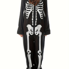 Gothic Skeleton Print Zipper Hooded Jumpsuit