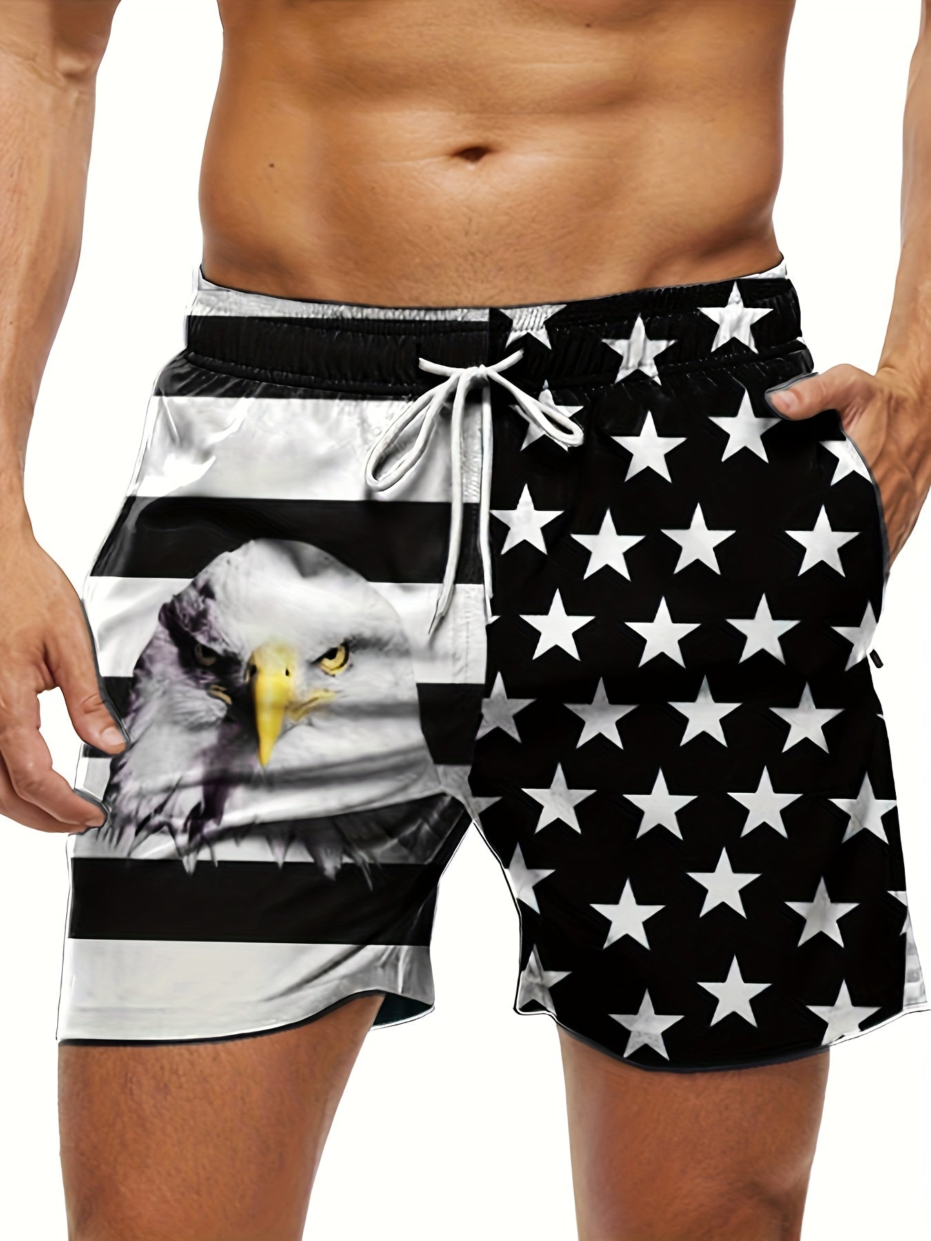 Men's Bald Eagle US Flag Shorts Casual Drawstring Summer Sho