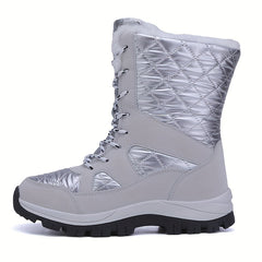 Quilted Argyle Pattern High Top Boots Faux Fur Lace Up Outdoor Sports Shoes