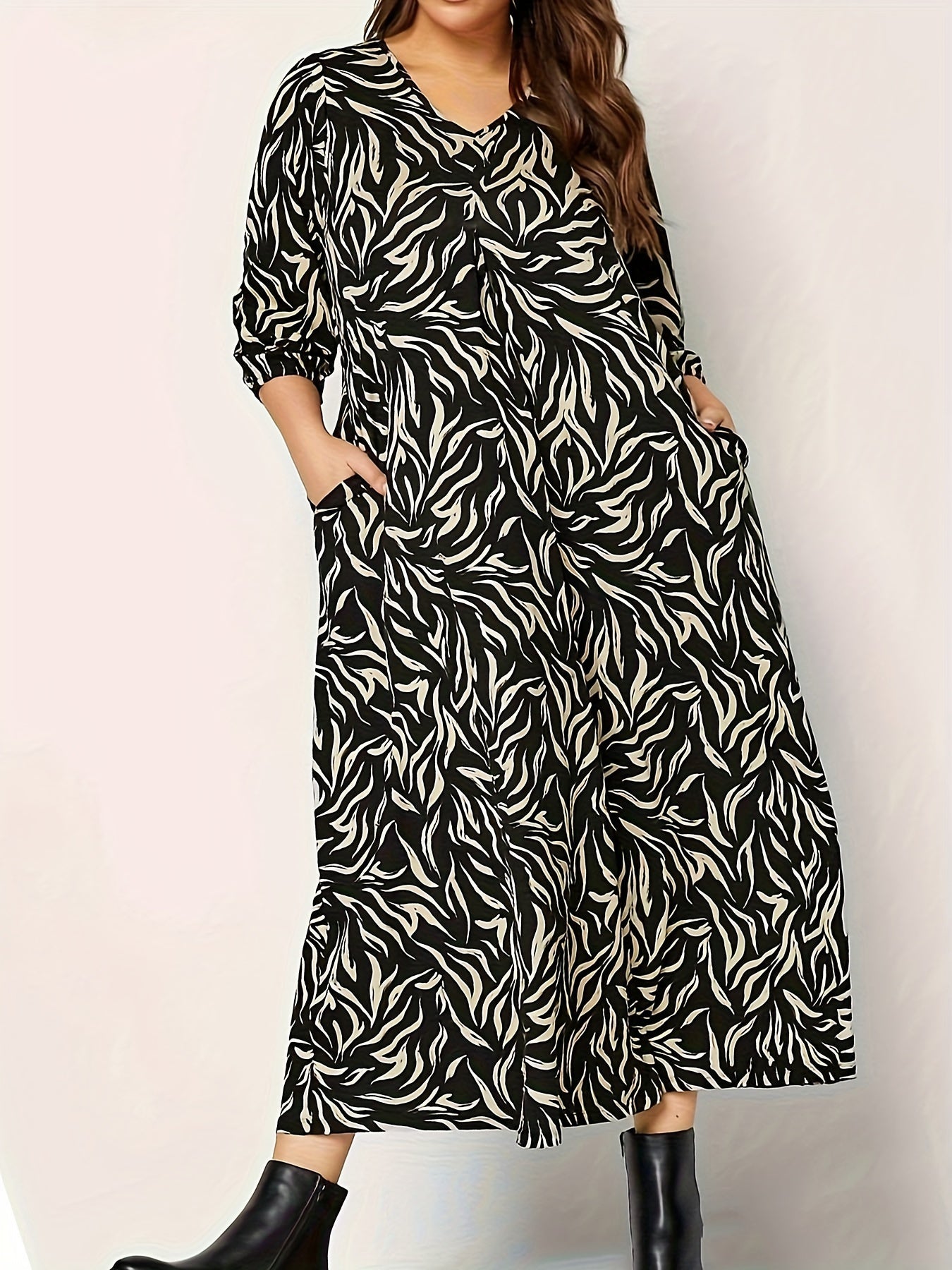 Allover Print Lantern Sleeve V Neck Midi Dress With Pockets