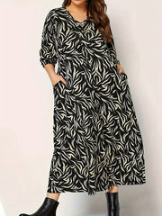 Allover Print Lantern Sleeve V Neck Midi Dress With Pockets