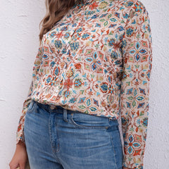 Boho Blouse Women's Plus Allover Print Long Sleeve Button Up Mock Neck Shirt Top