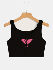 Butterfly Print Tank Top Y2K Crew Neck Summer Sleeveless Top
