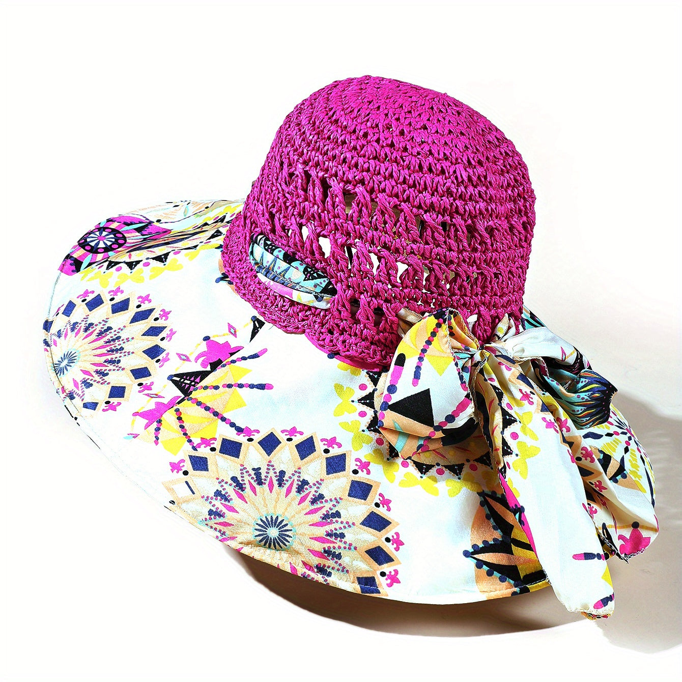 Hollow Crochet Boho Sun Hat Wide Brim Bowknot Beach Hat