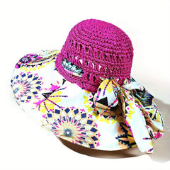 Hollow Crochet Boho Sun Hat Wide Brim Bowknot Beach Hat