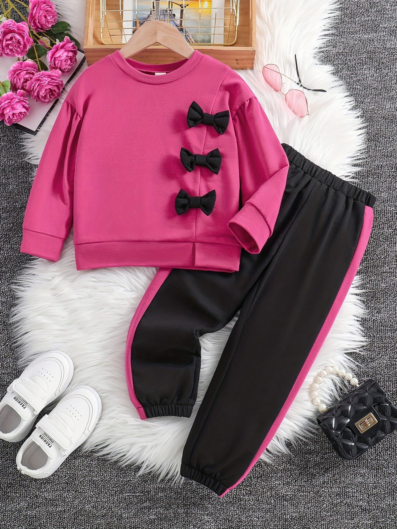 Girls 2pcs Sweatshirt & Pants Set Bow Decor Long Sleeve Pullover Top Casual Kids