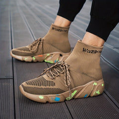 Men's High Top Breathable Sock Shoes Lace Up Woven Knit Sneakers