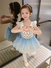 Sequin Flutter Trim Ballet Leotard Tutu Dress for Girls Dance Performance